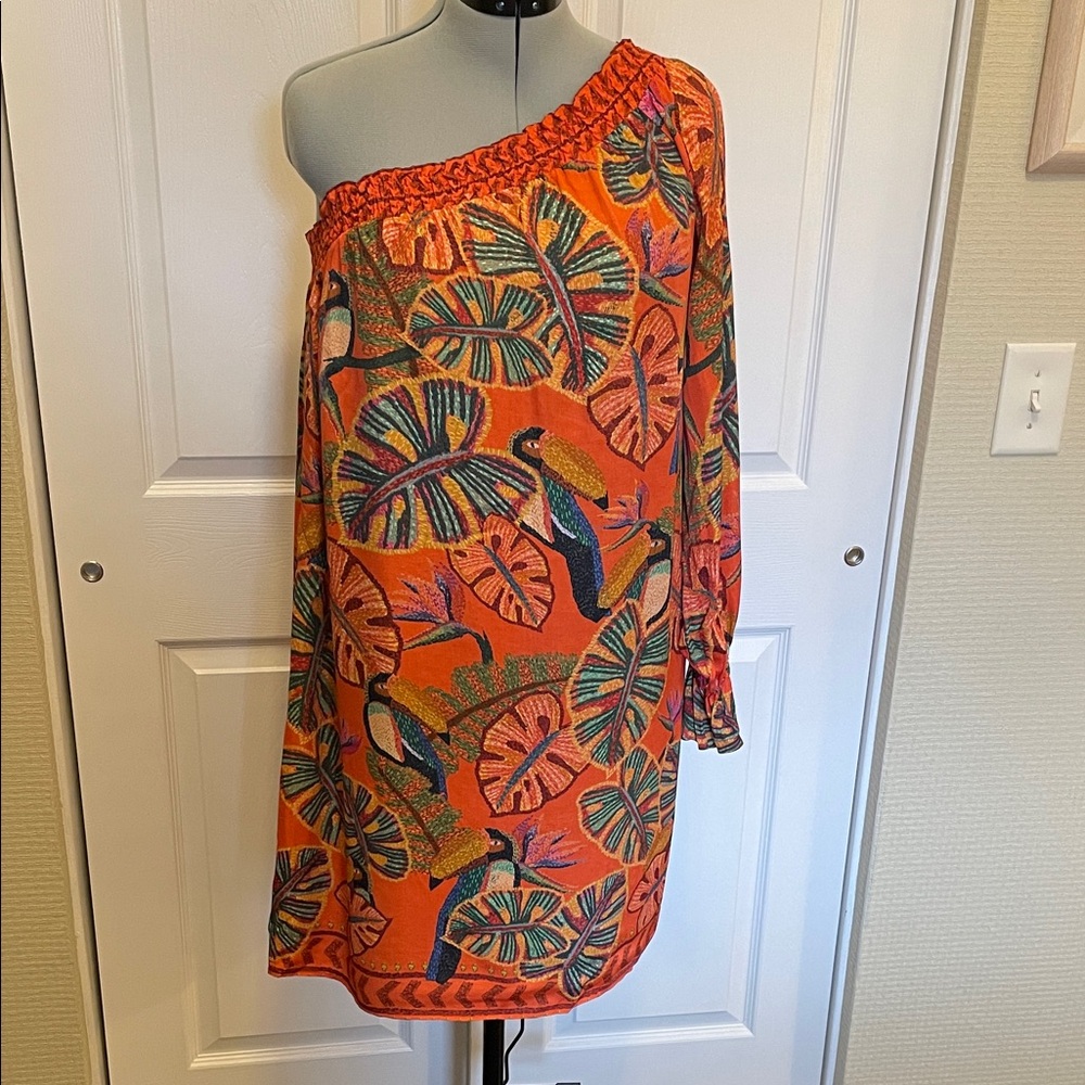 Farm Rio/Anthropologie One-Shoulder Orange Dress with Peacock Design (S)